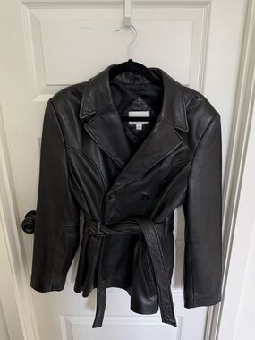 Valerie Stevens New Zealand Lambskin Leather Peacoat MED Black Waist Tie Mobwife
